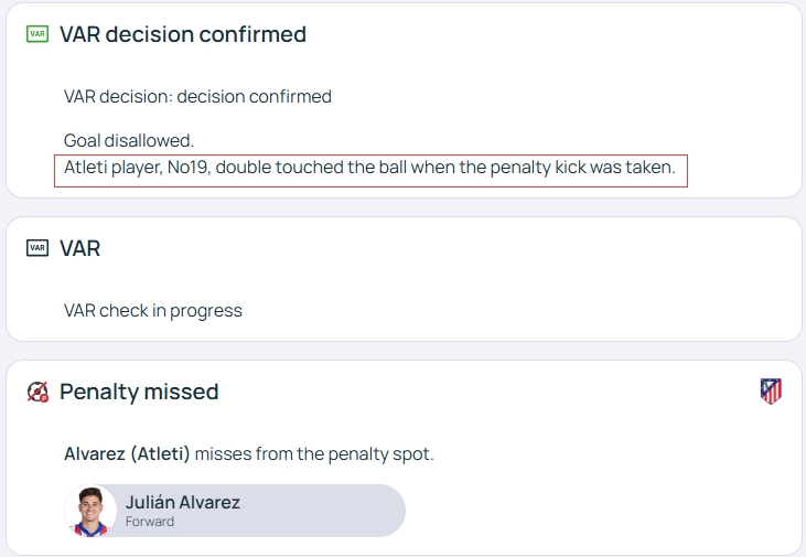 官方明確！歐冠官網(wǎng)：阿爾瓦雷斯罰點(diǎn)時(shí)2次觸球，VAR決定進(jìn)球無效
